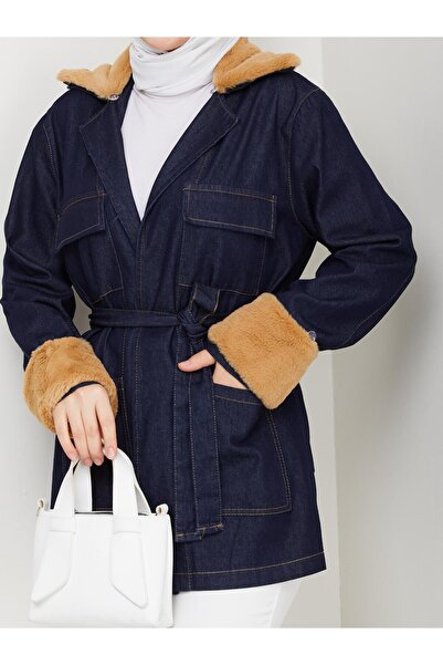 Pamuk Butik Γυναικείο τζιν μπουφάν με λεπτομέρειες από γούνα και τσέπες με ζώνη