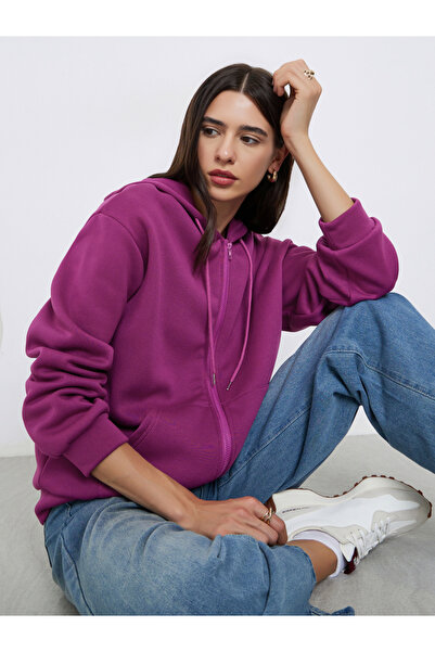 Styli سترة أرجوانية قصة مريحة بغطاء رأس