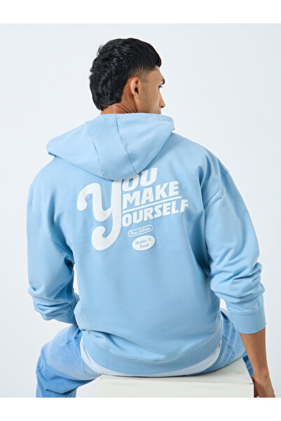 Styli Light Blue Graphic Print Oversized Hoodie