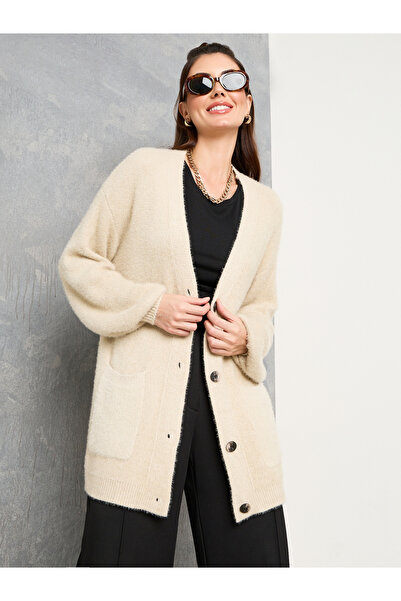 Take Two By Styli Solid Oversized Furry Button Up Cardigan