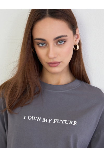 Styli Charcoal Slogan Print Oversized T-Shirt