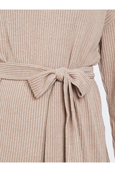 Styli Beige Ribbed Longline Turtle Neck Top with Fabric Belt