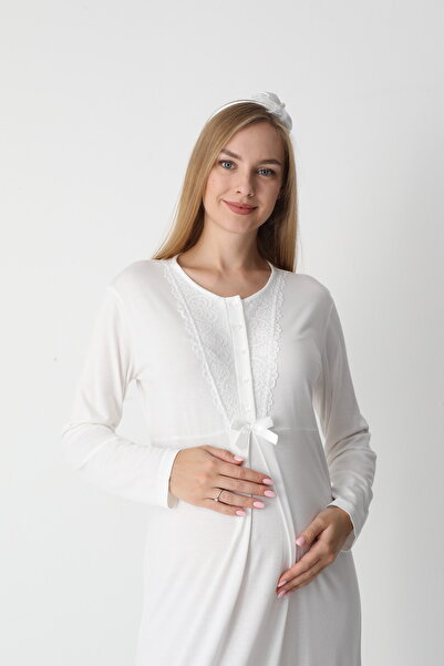 LOHOUSE Women's Flounce Sleeve Cotton Lace Detailed Maternity Nightgown-Dressing Gown Set of 2