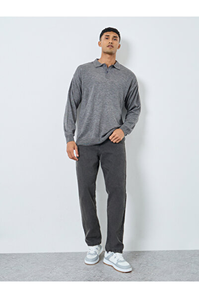 Styli Men Grey Knitted Relaxed Fit Polo Sweater