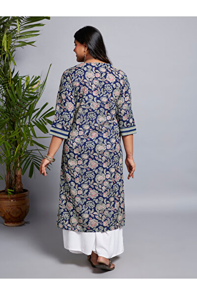 Globus By Styli Plus Size Blue All Over Floral Print Workwear Kurta