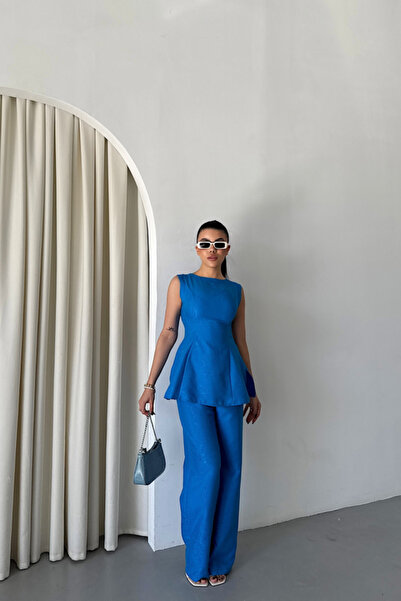 Wear Up Jacquard Linen Sleeveless Bluz-Pants Tk - Blue