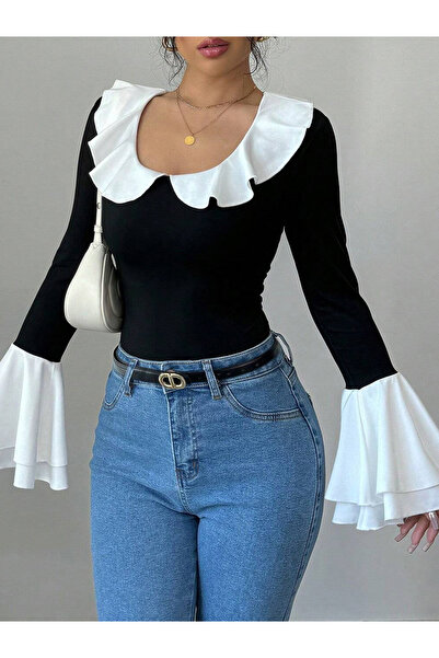 Take Two By Styli Women Black Solid Flounce Neck Top with Contrast Trim