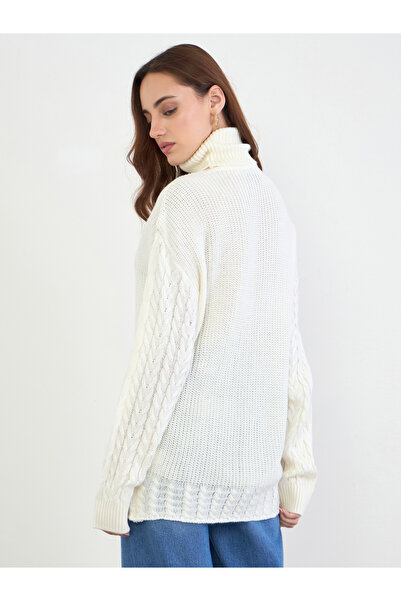 Styli Cream Cable Knit Longline Turtleneck Sweater