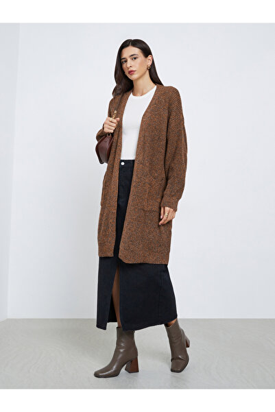 Styli Coffee Brown Longline Multi Yarn Knit Cardigan