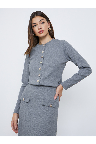 Styli Grey Ribbed Knit Buttoned Top