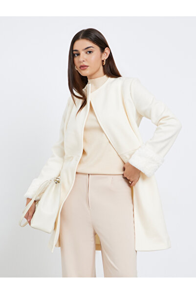 Styli Off White Longline Wool Like Coat with Faux Fur Detail