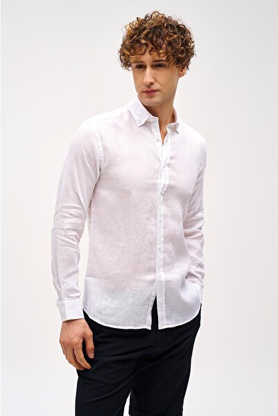 İgs Біла лляна сорочка з довгими рукавами та коміром-накладкою Dynamic Fit