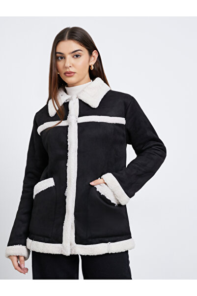 Styli Black Suede Look Teddy Trim Jacket