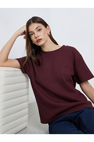 Styli Burgundy Flat Knit Round Neck T-Shirt