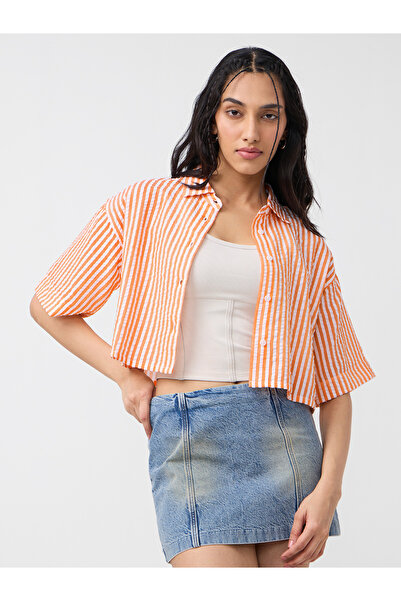 The Souled Store By Styli Orange Striped Textured Crop Shirt