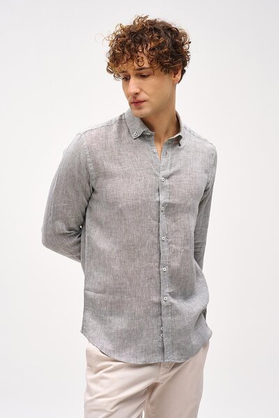 İgs Сорочка кольору хакі з довгими рукавами та коміром-накладкою, 100% льон, з ґудзиками та коміром