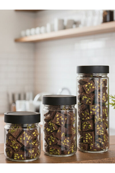 Milea 3Lü Modern Dubai Çikolatası Alman Kavanozu SİYAH KAPAK Kurabiye Kahve Reçel Fıstık Ezme Kavanoz Seti