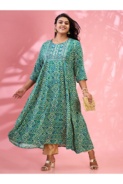 Globus By Styli Plus Size Green Geometric Print A-Line Kurta
