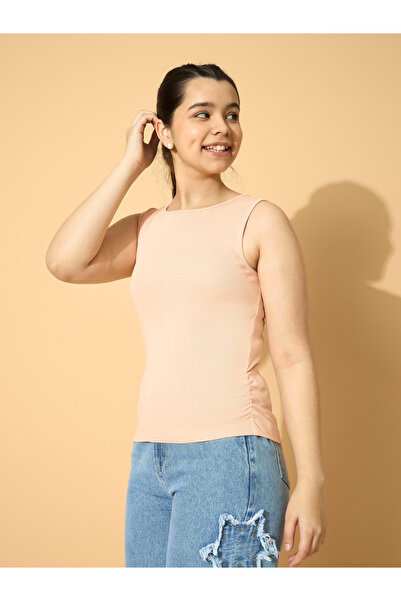 NOH-VOH By Styli Peach Ribbed Side Ruched Sleeveless Top