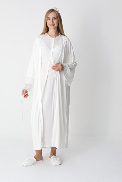 LOHOUSE Women's Special Lace Design Cotton Winter Maternity Nightgown-Dressing Gown Set of 2