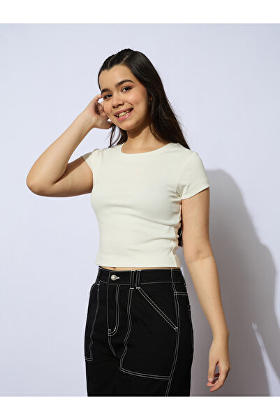 NOH-VOH By Styli Off White Ribbed Short Sleeve Top