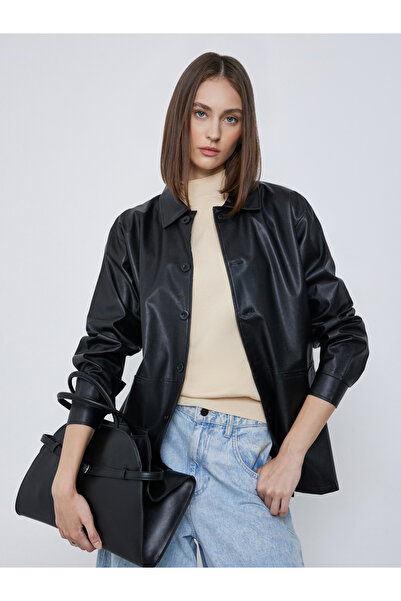Styli Black Oversized Longline PU Shacket