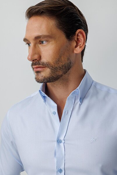 İgs Синя сорочка Slim Fit, вузький крій, класичний комір, прямі довгі рукави, без кишень, 100% бавовна