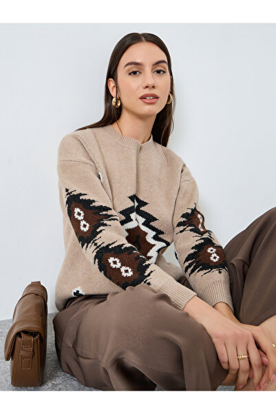 Take Two By Styli Beige Tribal Pattern Knit Sweater