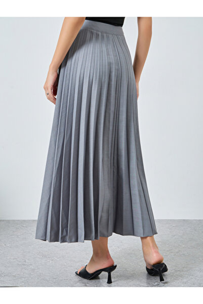 Styli Grey Slubbed Twill Pleated A-Line Maxi Skirt