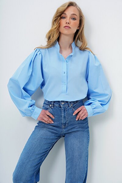 Trend Alaçatı Stili Bluză cămașă din poplin cu mâneci balon, cu guler înalt, albastru, pentru femei ALC-X14059