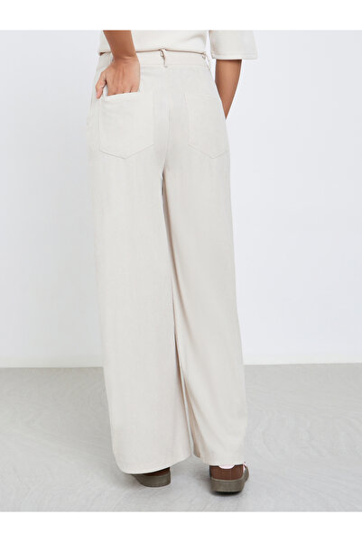 Styli Women Cream Corduroy Flat Front Wide Leg Pants