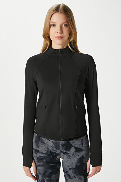 Ritnice Jogging Fitted Black Sports Jacket / Cardigan with Pockets and Finger Loops