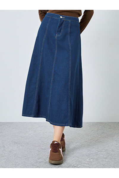 Styli Dark Blue Solid Panelled A-Line Midi Denim Skirt