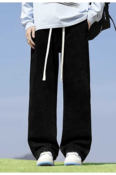 moda camiya Black Elastic Men's Baggy Jeans with Tie-Up Waist, Relaxed Fit, W...