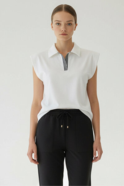 Allyco Tricou alb cu guler polo, fără mâneci, Regular din material subțire