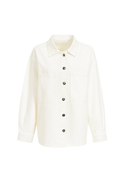 Trend Alaçatı Stili Ecrufarbene, gewaschene Oversize-Jeansjacke mit zwei Taschen für Damen ALC-X8152