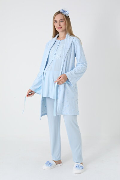 LOHOUSE Women's Jacquard Quilted Shawl Collar Cotton Winter Maternity Pajama Set with Dressing Gown 3-Piece Pajama Set