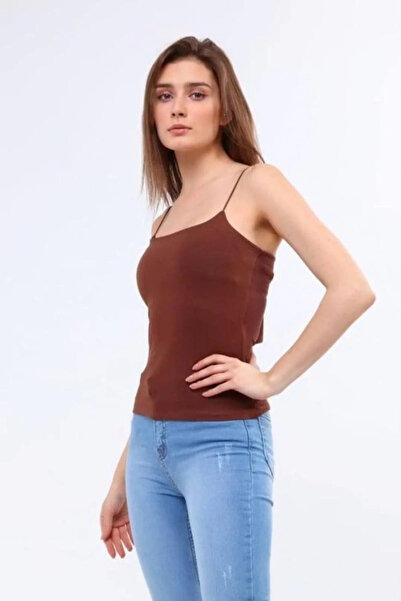 bysoca Kadın Kahverengi İp Askılı Kare Yaka Fitilli Kaşkorse Yazlık Dar Kalıp Günlük Basic Atlet