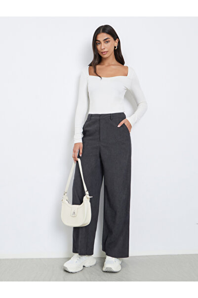 Styli Women Charcoal Corduroy Flat Front Wide Leg Pants