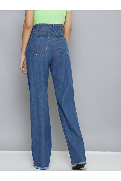 Sassafras By Styli Women Blue High Rise Wide Leg Jeans with Distressed Knee