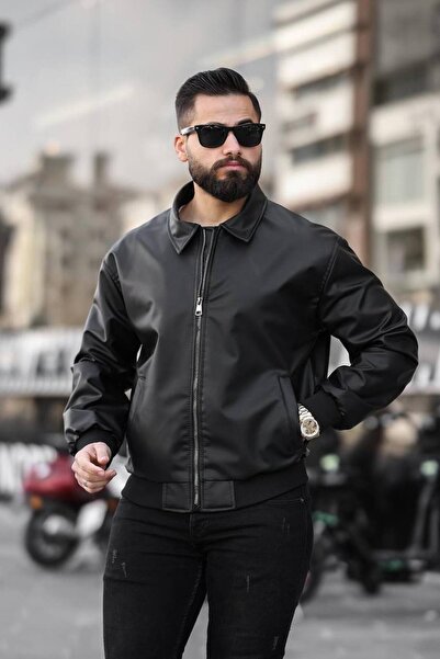 BASEL.CO Basic Relax Fit Polo Collar Leather Jacket