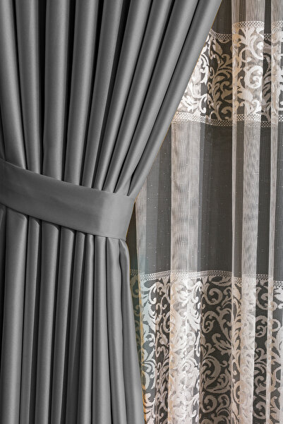 LUNETT HOME Light Gray Color Blackout Shading Crinkled (1X3) Pleated Background Curtain Single Wing V393