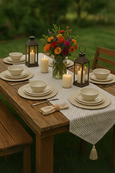 shopshop 7 Piece Tableware Presentation Set, 6 Pieces American Service Placemats, 1 Piece Tasseled Runner Cover Set