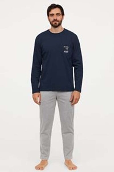 Silver Star Set de pijamale de iarnă din bumbac pentru bărbați, albastru și gri melanj cu mesaj
