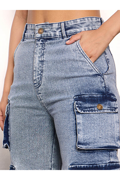 Sassafras By Styli Blue High Rise Cargo Pocket Jeans