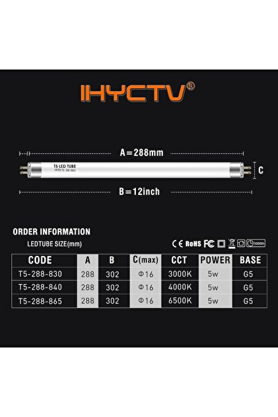 Lights2K LED Tube T5, Energy Saving, 5W, 288mm, 6500K, Electronic Ballast, IHYCTV