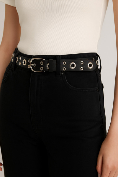 UCCELLO Women's Black Studded Faux Leather Belt – Trendy Model with Accessories