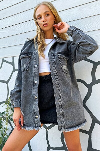 Trend Alaçatı Stili Anthracitová oversize Jean bunda – dvojité kapsy a distressed, Alc-X12672