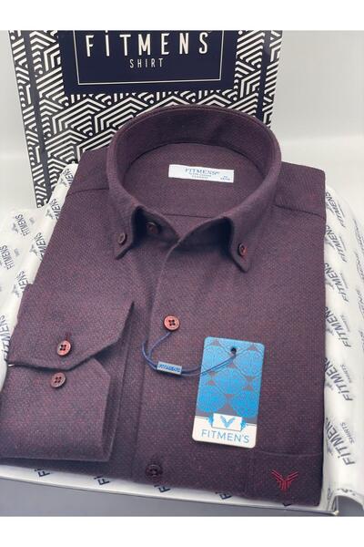 Fitmens Classic Long Sleeve Winter Collar Buttoned Woolen 100% Cotton Gift Boxed Men's Shirt Fs-003768 - Burgundy