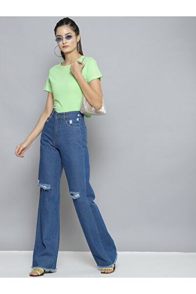 Sassafras By Styli Women Blue High Rise Wide Leg Jeans with Distressed Knee